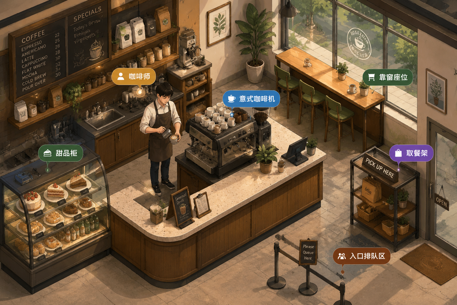 Boutique coffee shop scene real generated demo