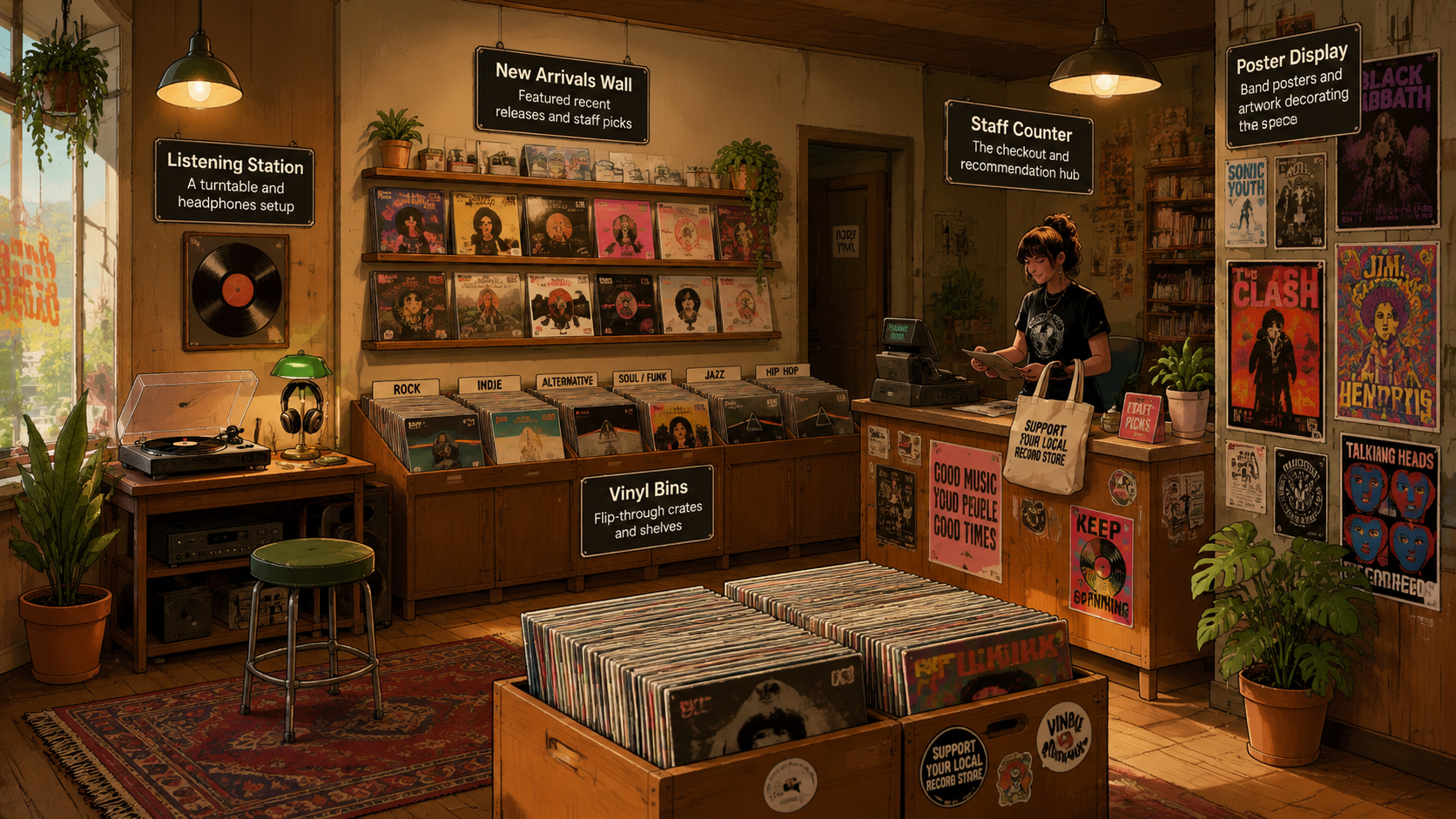 Independent record store corner real generated demo