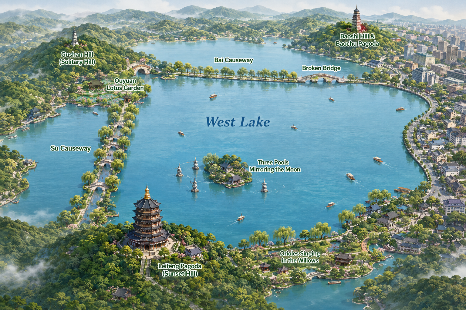 West Lake hand-drawn tour map demo